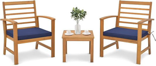 Tangkula 3 Pieces Outdoor Furniture Set, Acacia Wood Conversation Set with Soft Seat Cushions, Stable Acacia Wood Frame, Patio Sofa & Coffee Table Set for Backyard, Porch, Poolside (Navy)