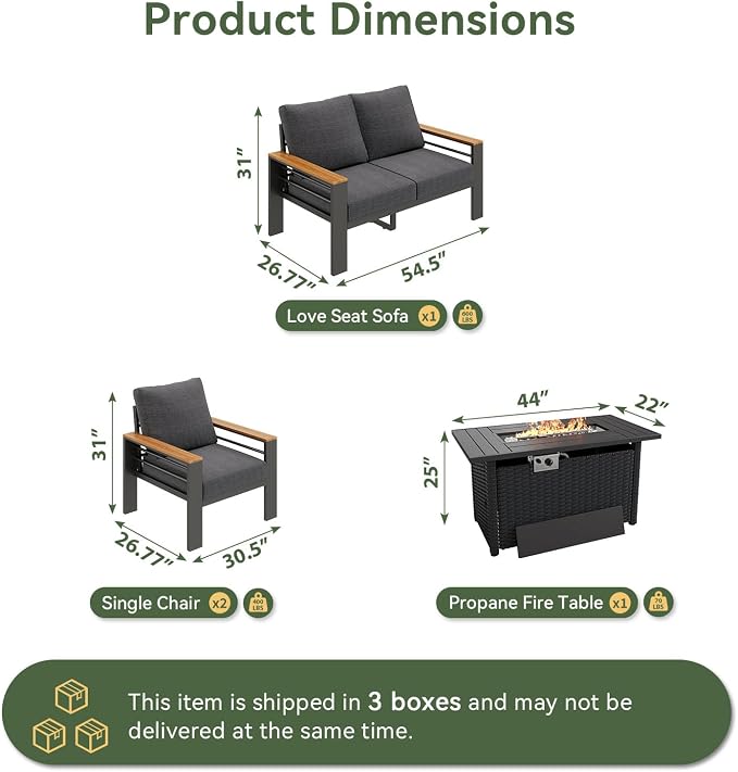 Aoxun Patio Furniture Set, Aluminum Patio Set with Fire Pit Table and 5" Thicken & Washable Cushion, Waterproof Outdoor Furniture, Outdoor Couch Sectional for Backyard (4 Seats/F, Dark Grey)