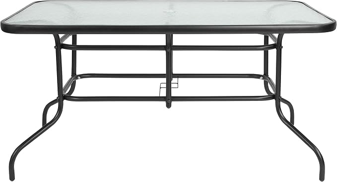 BOWERY HILL Rectangular Glass Patio Table, Clear Top Black Powder-Coated Metal Frame, 55" x 31.5", 5mm Tempered Glass, Indoor/Outdoor Dining Table for Commercial or Residential Use