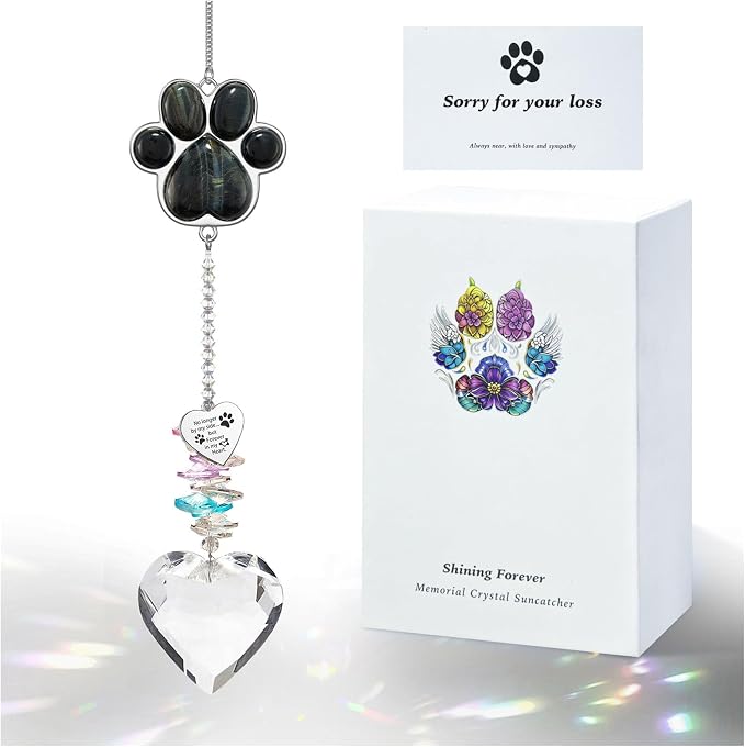 Dog Memorial Gifts, Pet Memorial Suncatcher, Loss of Dog Sympathy Gift | Thoughtful Dogs and Cats Bereavement Remembrance Gifts, Natural Cat's Eye Stone Paw Crystal Suncatcher