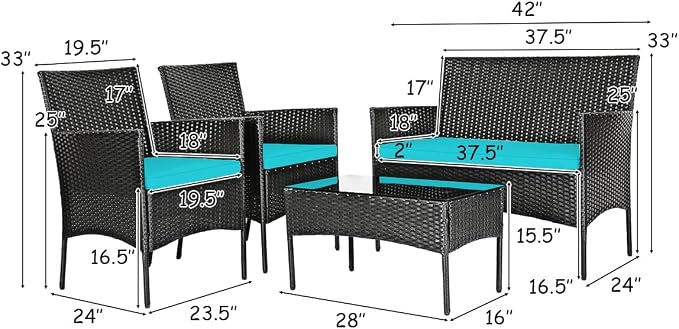 Tangkula 8 Piece Patio Furniture Set, Outdoor Wicker Conversation Set with Tempered Glass Coffee Table, Rattan Loveseat & Chairs Set with Seat Cushions for Backyard, Garden, Poolside (2, Turquoise)