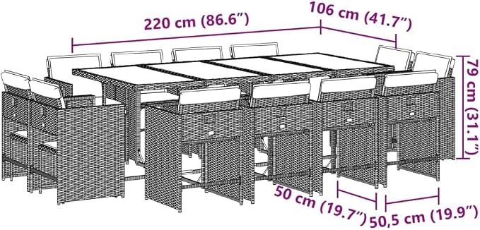 13 Piece Patio Dining Set with Cushions Gray Poly Rattan Outdoor Dining Table and Chairs for Garden Backyard Deck Entertaining Tempered Glass Top Foldable Storage