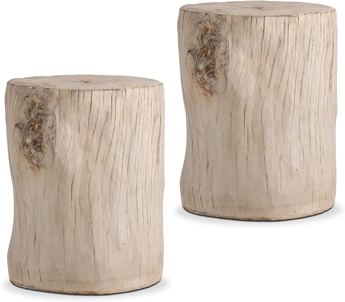 COSIEST 2 Pieses Outdoor Side Table, Hand-Painted Wood Stump Side Table Set of 2, Faux Wood Stool, Ottomans, Plant Stand, Deck or Garden (Antique Beige)