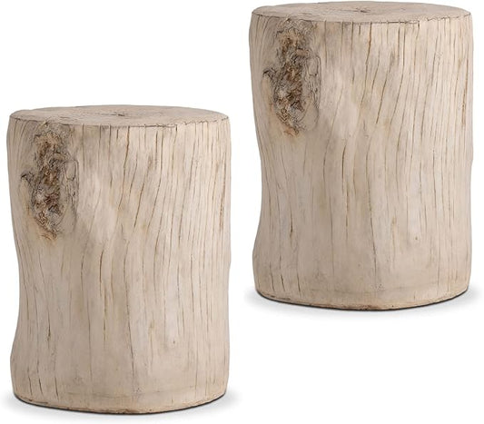 COSIEST 2 Pieses Outdoor Side Table, Hand-Painted Wood Stump Side Table Set of 2, Faux Wood Stool, Ottomans, Plant Stand, Deck or Garden (Antique Beige)
