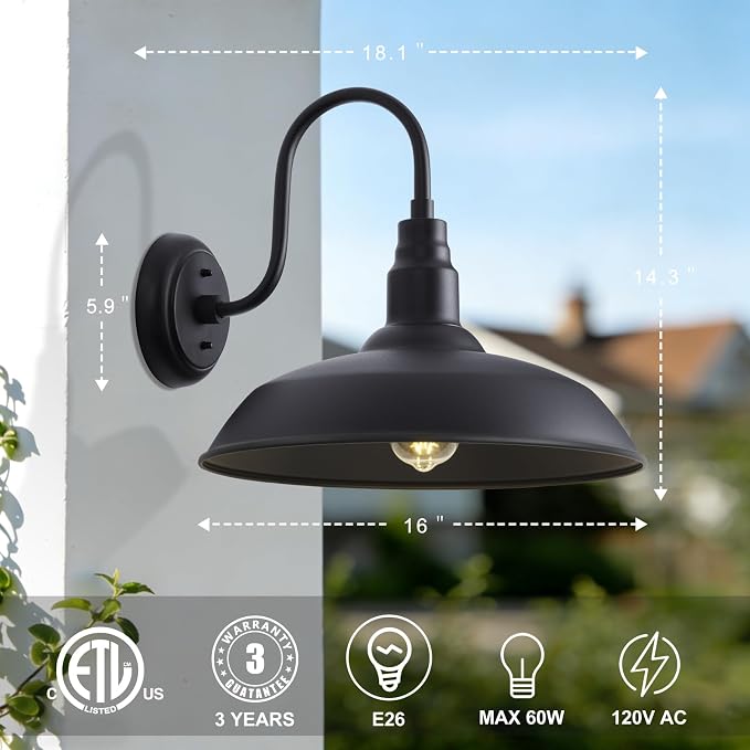 16 Inch Dome Barn Light for Porch, Large Gooseneck Outdoor Light Fixture for Farmhouse, Barn Style Exterior Patio Wall Lights for Garage, Black Outside Wall Sconce for Front Door, House