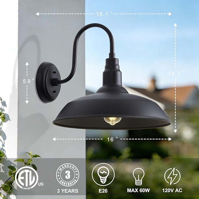 16 Inch Gooseneck Light Fixture for Barn Door, 2 Pack Large Barn Lights for Front Porch, Black Outdoor Farmhouse Light with Goose Neck Arm, Exterior Wall Dome Lighting for House Garage