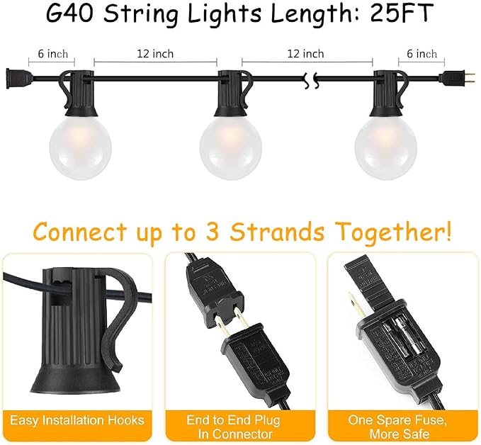 SUNSGNE 25Ft Outdoor Patio String Lights G40 with 27 Frosted White Globe Bulbs, Waterproof Connectable Hanging String Lights for Backyard Porch Balcony Party Christmas Decor, 5 Watt, Black Wire