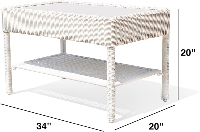 Park Meadow Outdoor Wicker Coffee Table All-Weather HDPE Rattan Patio Furniture w/Double Shelves & Grey HIPS Top, Off White