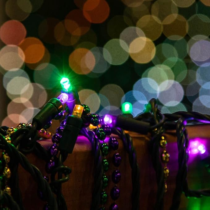 Novelty Lights 50ft 100 LED Yellow, Purple & Green Mardi Gras Lights
