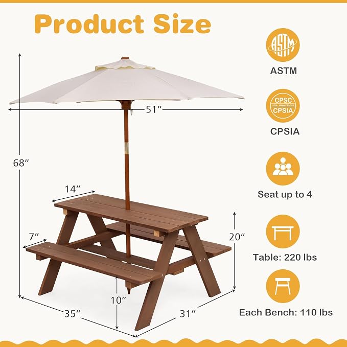 Kids Picnic Table, Wooden Kids Outdoor Table with Detachable Umbrella, Toddler Picnic Table for Patio, Garden, Backyard, Gift for Boys and Girls