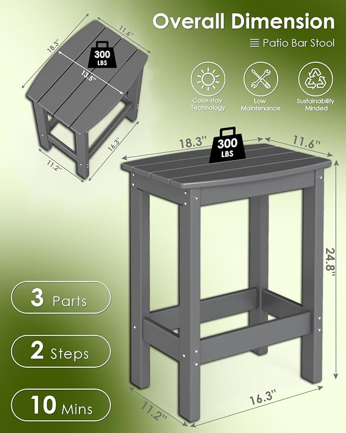 GREENVINES Outdoor-Bar-Stools-Set-of-2 | Patio Counter Height Backless Barstools | HDPE Plastic | 18" W x 13.5" D x 25" H | Chairs for Backyard Balcony Poolside | Grey