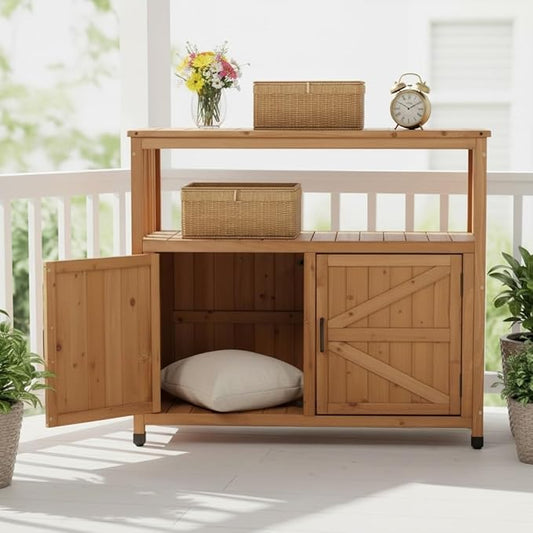 Wooden Outdoor Storage Cabinet, Bar Table Cabinet with Storage, Buffet Sideboard for Patio, Garden, Potting Bench, TV Stand, Balcony, Light Brown