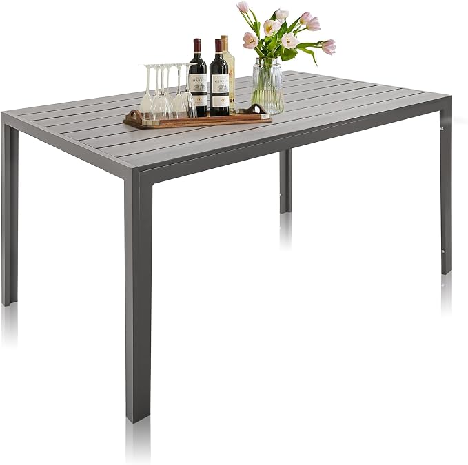 LUCKYERMORE Outdoor Dining Table for 6 Person, Outdoor Patio Table with Slat Tabletop and Aluminum Frame, 55" x 31" Patio Dining Table Rectangle Table for Deck Garden Lawn Backyard, Grey