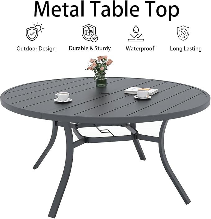 Anmutig Outdoor Patio Round Dining Table, 54"x 54" Metal Slatted Round Tabletop with Adjustable Umbrella Hole for Deck Lawn Garden Backyard Balcony Deck, Black