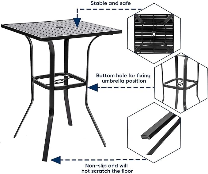 Patio Bar Table, Outdoor Bar Height Bistro Table with Umbrella Hole, Metal Frame and Slat Design, Black
