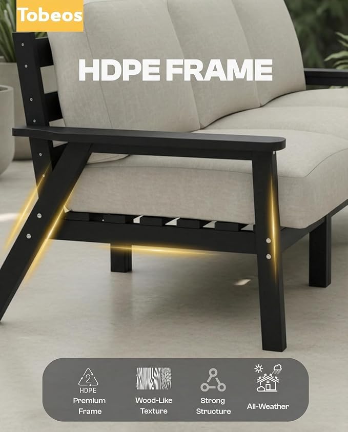 HDPE Patio Furniture Set 8 Seats, Outdoor Couch with Washable Thick Beige Cushions & Side Table, Outdoor Sectional Furniture for Backyard, Deck, Lawn, Porch (Black Frame)