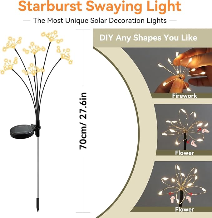 Solar Garden Lights 6 Pack Waterproof Solar Swaying Starburst Light Outdoor Lights for Yard Patio Walkway Pathway Party Wedding Christmas Decorative, Warm White