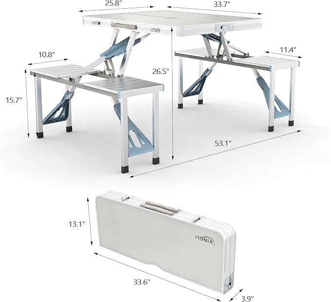VINGLI 4Ft Folding Camping Picnic Table with Seats/Umbrella Hole-265 Lbs Support that Lightweight and Fold Up Card Suitcase Table Aluminum Alloy Frame, RV Tabletop with Soft Handl