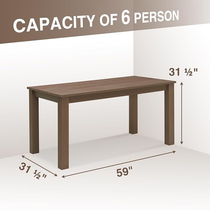59" Outdoor Dining Table, 6-Person Rectangular Poly Lumber Patio Table, Heavy Duty 800lbs Capacity, Anti-Fade All-Weather HDPE Table, Low Maintenance, for Garden, Backyard, Porch, Indoor & Outdoor Use
