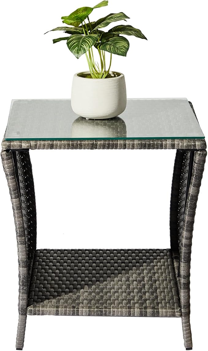 Outdoor Patio Wicker Side Table, Square End Side Table Bistro Coffee Table with Glass Top Storage Shelf for Porch Garden Backyard, Grey