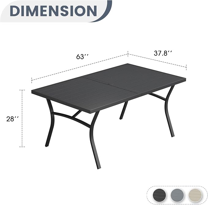 VICLLAX 63" Patio Dining Table for 6, Outdoor Rectangular Metal Table with Umbrella Hole for Porch Backyard Garden Deck, Black