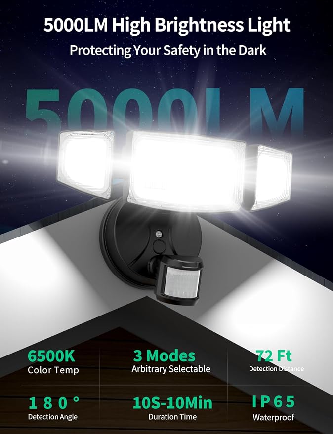 iMaihom 50W Motion Sensor Outdoor Lights, 5000LM Hardwired Motion Sensor Flood Light, Dusk to Dawn Outdoor Lighting, 6500K LED Security Light, IP65 Waterproof Motion Detector Lights for Outside, Black