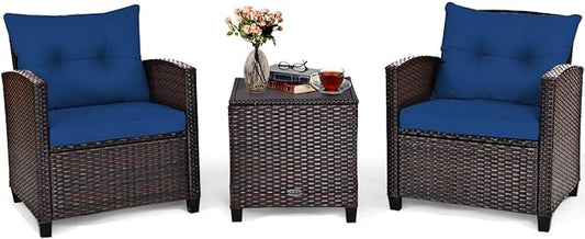 COSTWAY 3PCS Patio Furniture Set, PE Rattan Wicker Sofa w/Washable Cushion and Coffee Table, Tempered Glass Tabletop, Outdoor Conversation Set for Balcony, Porch, Yard, Backyard, Lawn, Navy Blue