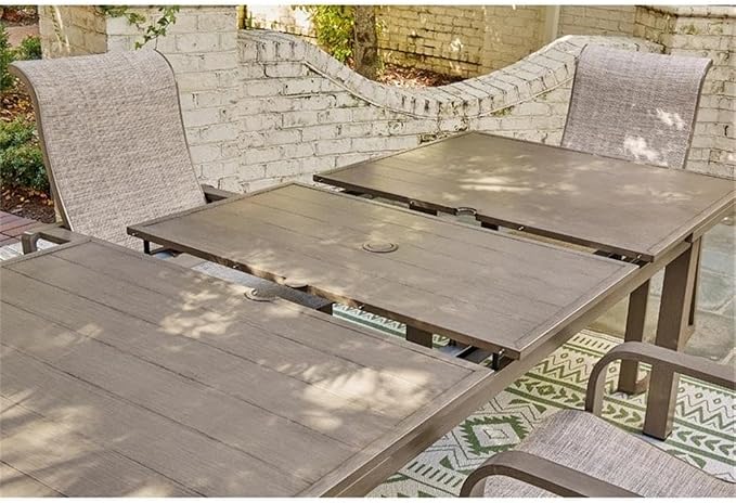 BOWERY HILL Outdoor Rectangular Aluminum Dining Table, Light Brown Finish, 71-94 in Expandable Design, Durable Wood-Look Paint, Stainless Steel Hardware, Patio Furniture for 10-Person Dining Use