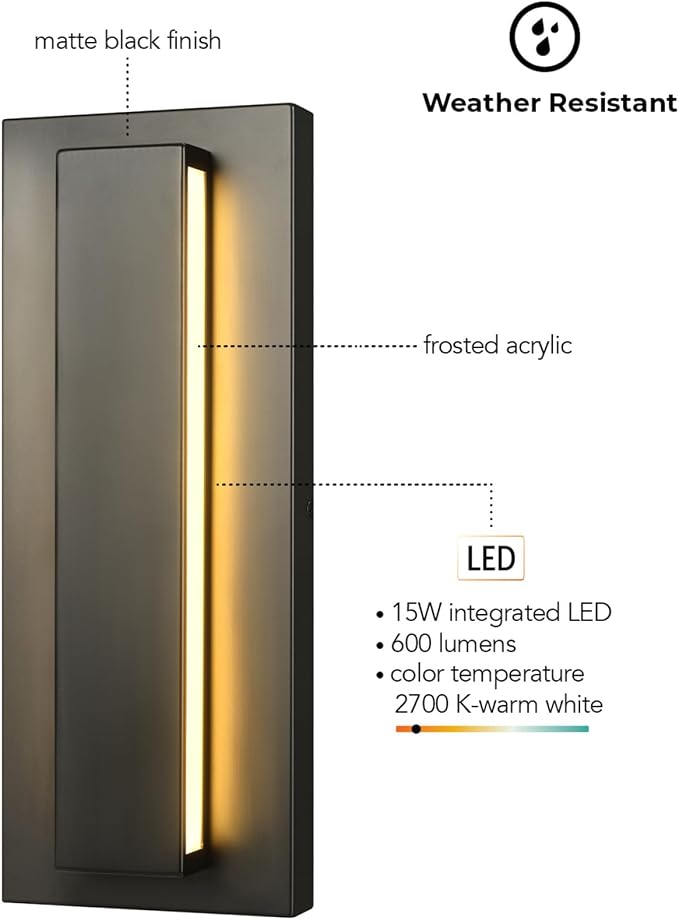 Globe Electric 60000172 15W LED Integrated Outdoor Wall Sconce, Matte Black, Frosted Acrylic, 600 Lumens, 2700 Kelvin, 90 CRI