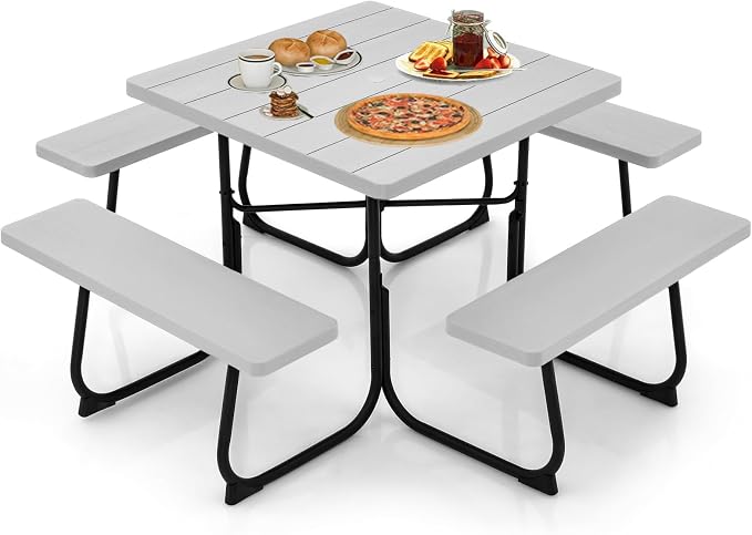 Square Picnic Table for 8 Person, Outside Table Bench Set w/ 4 Built-in Benches, Umbrella Hole, HDPE Top & Metal Frame, 2000LBS Capacity Outdoor Picnic Table for Garden, Porch, Patio (Grey)