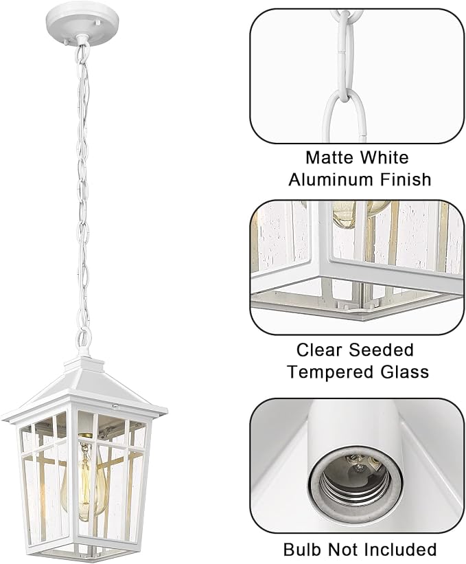 Darkaway Outdoor Pendant Light Fixture, Outdoor Hanging Light Porch Lights Fixtures Anti-Rust Waterproof Aluminum with Seeded Glass for Porch Entryway Doorway Farmhouse White