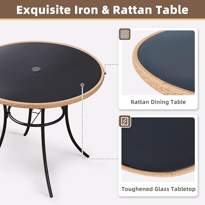 AVAWING 35.6-Inch Round Outdoor Dining Table for 4-6, All-Weather Steel Frame & Glass Tabletop with Umbrella Hole, Patio Furniture for Garden, Backyard, Poolside, Black(Only Table)