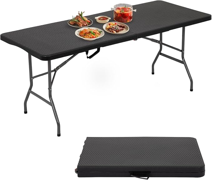 6FT White Folding Table, Portable Collapsible Dinner Table – Indoor/Outdoor Use for Camping, Patio, Yard, Wedding, Party & Cocktail Display, 500LBS (Black Ratten)