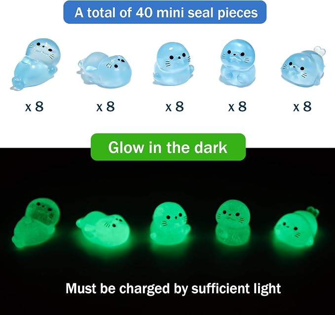 40Pcs Glow in Dark Mini Resin Seal Figurines - 5 Styles Luminous Sea Animals for Terrarium Decor, Fairy Garden, Aquarium, Small Resin Animals with Storage Box