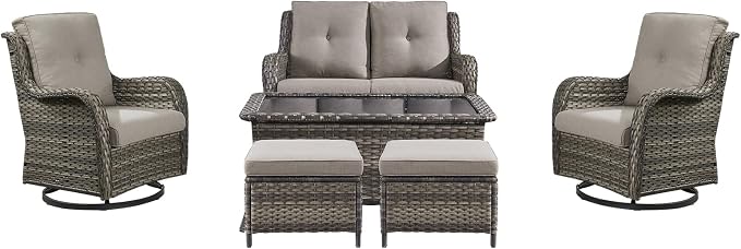 Patio Furniture Swivel Chairs Set - 6 Piece Wicker Rattan Outdoor Sectional Conversation Sets with 2 Swivel Rocking Chairs,2 Ottomans,1 Loveseat and 1 Coffee Table for Porch Deck(Mixed Grey/Grey)