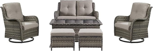 Patio Furniture Swivel Chairs Set - 6 Piece Wicker Rattan Outdoor Sectional Conversation Sets with 2 Swivel Rocking Chairs,2 Ottomans,1 Loveseat and 1 Coffee Table for Porch Deck(Mixed Grey/Grey)