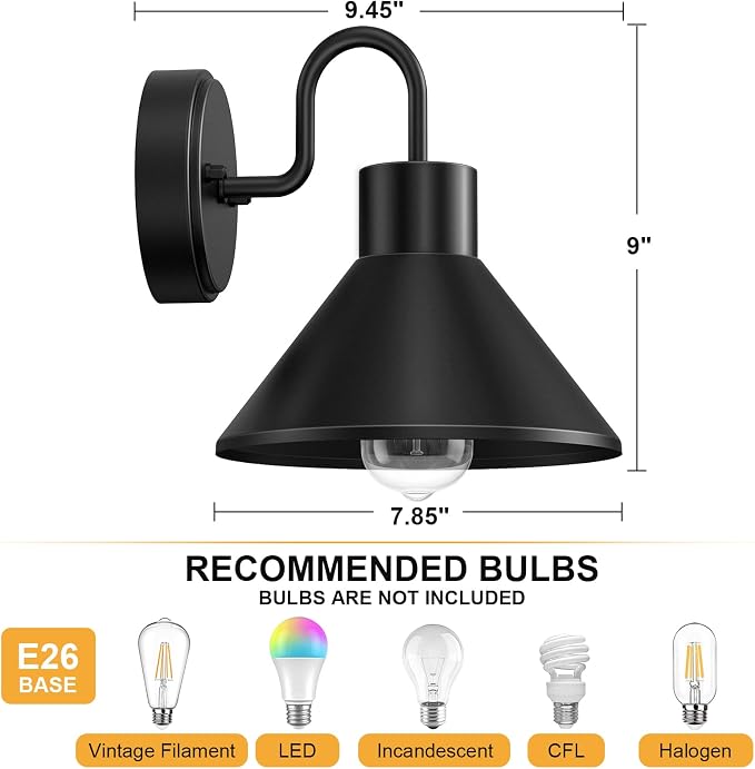 Lamomo 2-Pack Gooseneck Outdoor Barn Light, Black Wall Sconces Waterproof | 8" Vintage Farmhouse Exterior Lighting Fixture, Outside Rustproof Porch Light Outdoor for House Garage Entryway Patio Shed