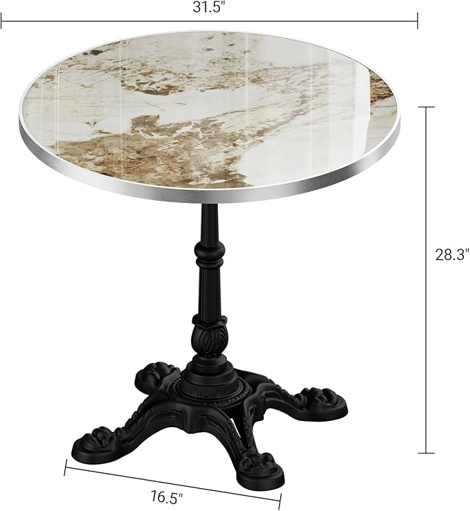 31.5" Sintered Stone Round Dining Table for 2-4 People, Marble Look Bistro Table with Heavy Duty Cast Iron Base for Outdoor Patio Garden Cafe, Living Room Balcony, Commercial Grade Small Space, Grey
