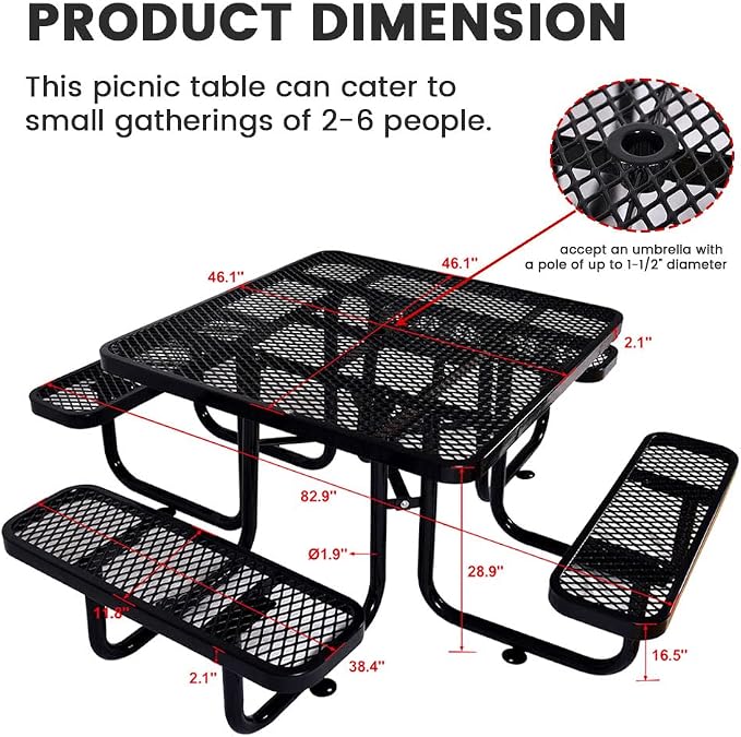 46" Square Metal Picnic Table for 4-8 Person, Durable Heavy Duty Commercial Picnic Table with Umbrella Hole for Outdoor Coffee Shop, School, Hospital, Easy to Install, Black