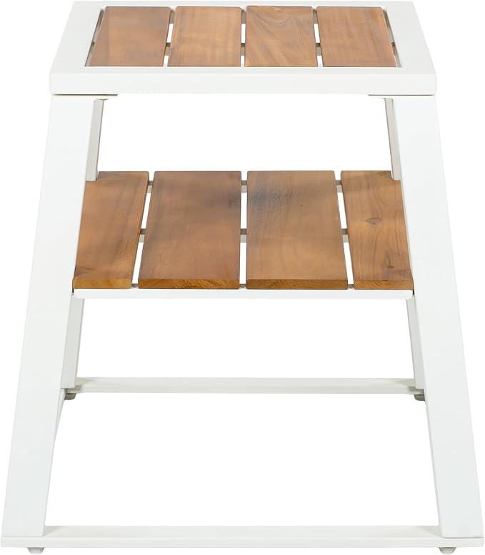 Outdoor Side Table, 2-Tier Acacia Wood End Table with White Iron Frame, Weather-Resistant Patio Side Table with Storage Shelf, Teak Finish, 30 lbs Capacity, White