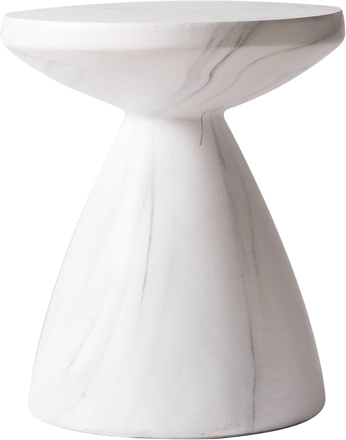 LeisureMod Modern Side Lightweight Fiberstone Top 20” Round Accent Table and Hourglass Pedestal Base for Outdoor, Home, Living Room Dune Series in Marble White