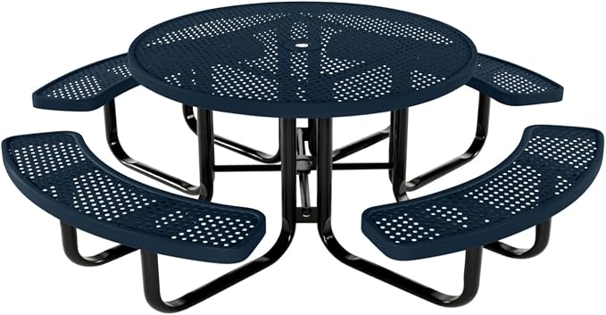 COATEDOUTDOORFURNITURE Heavy-Duty Portable Outdoor Kids Table with Umbrella Hole, Punched Steel Kids Picnic Table, Commercial-Grade, Made in America (46 in, Round, Childrens, Dark Blue)