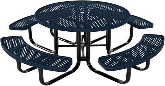COATEDOUTDOORFURNITURE Heavy-Duty Portable Outdoor Kids Table with Umbrella Hole, Punched Steel Kids Picnic Table, Commercial-Grade, Made in America (46 in, Round, Childrens, Dark Blue)