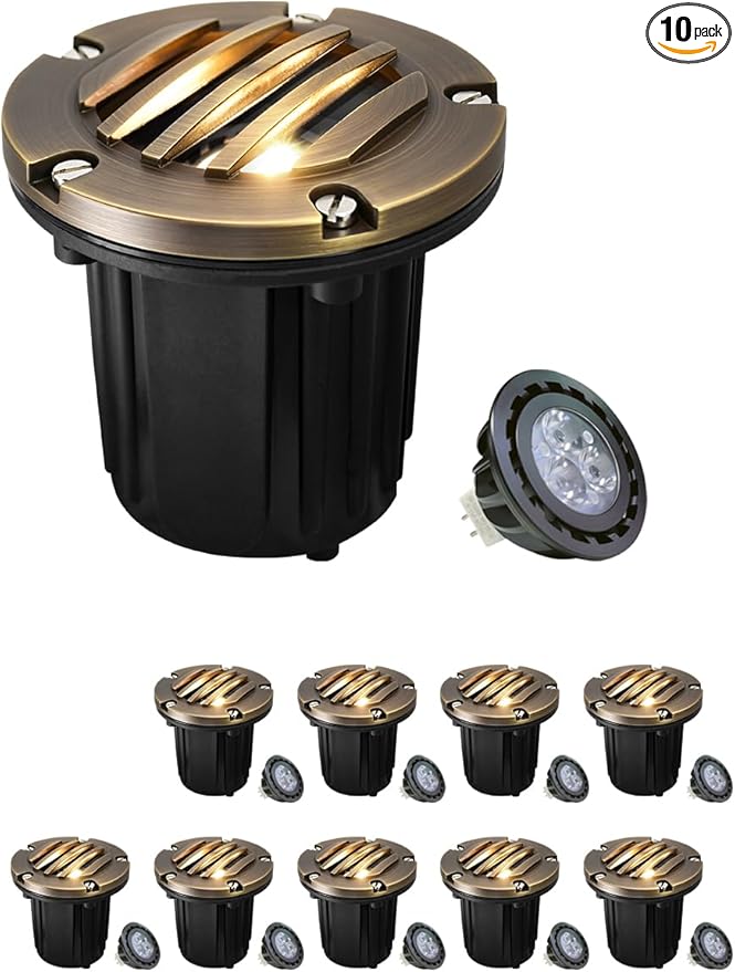 MALORY Brass Top Cover Landscape Well Lights,(φ126 mm) 12V Low Voltage Outdoor In Ground Lights,Landscape Lighting for Pathway, Driveway and Garden (Grated Top, 10-Pack with Bulb)
