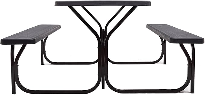 Picnic Table, Outdoor Table Bench Set with Metal Frame & Wood-Like Texture, Large Picnic Table with All Weather-Resistant Tabletop, Camping Picnic Tables for Patio, Lawn, Dining Party