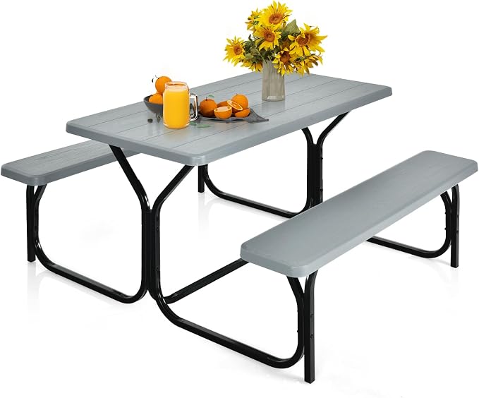 MEDIMALL Portable Picnic Table With Benches, Plastic Bench Set With Metal Frame & All Weather Tabletop, Large Camping Table for Outdoors, Backyard, Garden (Gray)