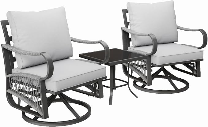 3 Piece Patio Furniture Set, Rope Woven Outdoor Conversation Set with High Back Metal Swivel Chairs and Coffee Table, Thick Cushions for Garden, Porch, Grey