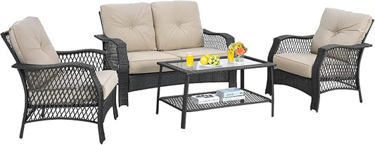 Tangkula 4 Pieces Outdoor Patio Furniture Set, Patiojoy PE Wicker Conversation Sofa Set with Tempered Glass Coffee Table, Sectional Rattan Patio Sofa Set for Garden, Backyard, Poolside (Beige)