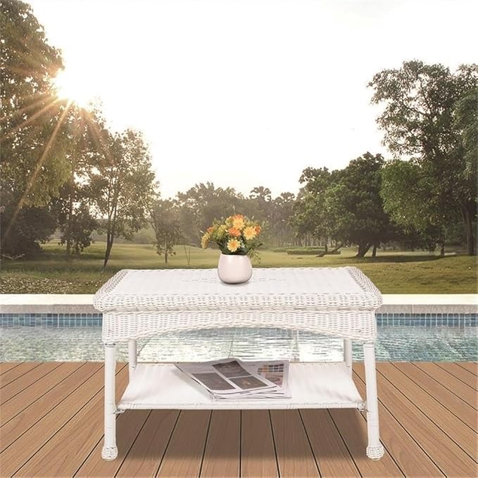 Pemberly Row Wicker Patio Coffee Table, 30" W x 18" D x 17" H, All-Weather Resin Surface, UV-Resistant, White Finish, Steel Frame, Lower Shelf, Durable Outdoor Table for Patio or Garden Use