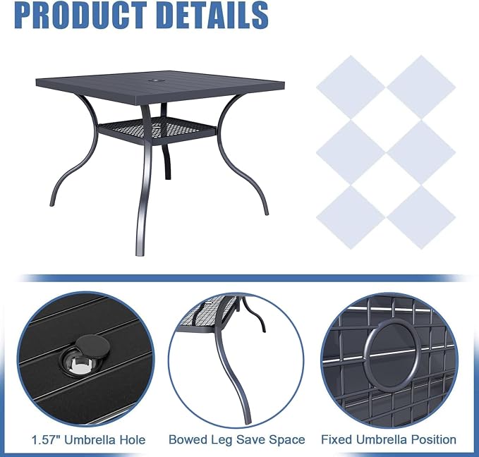 Crownland 5 Piece Outdoor Dining Set, Patio Metal Dining Sets, 4 Stackable Metal Chairs and Square Outdoor Dining Table with Sky Blue 9FT Round Outdoor Umbrella, for Backyard, Garden (Classic Black)